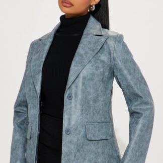Saco de Cuero Sintético Lavado con Botones - Azul